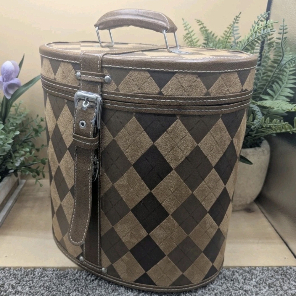 Wood And Leather Top Handle Travel Case Hat Box Storage Felt Lined Lock Clasp